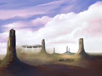 a painting of a ufo flying over a desert